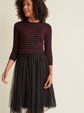 English Factory Black Dress with Red Striped Bodice